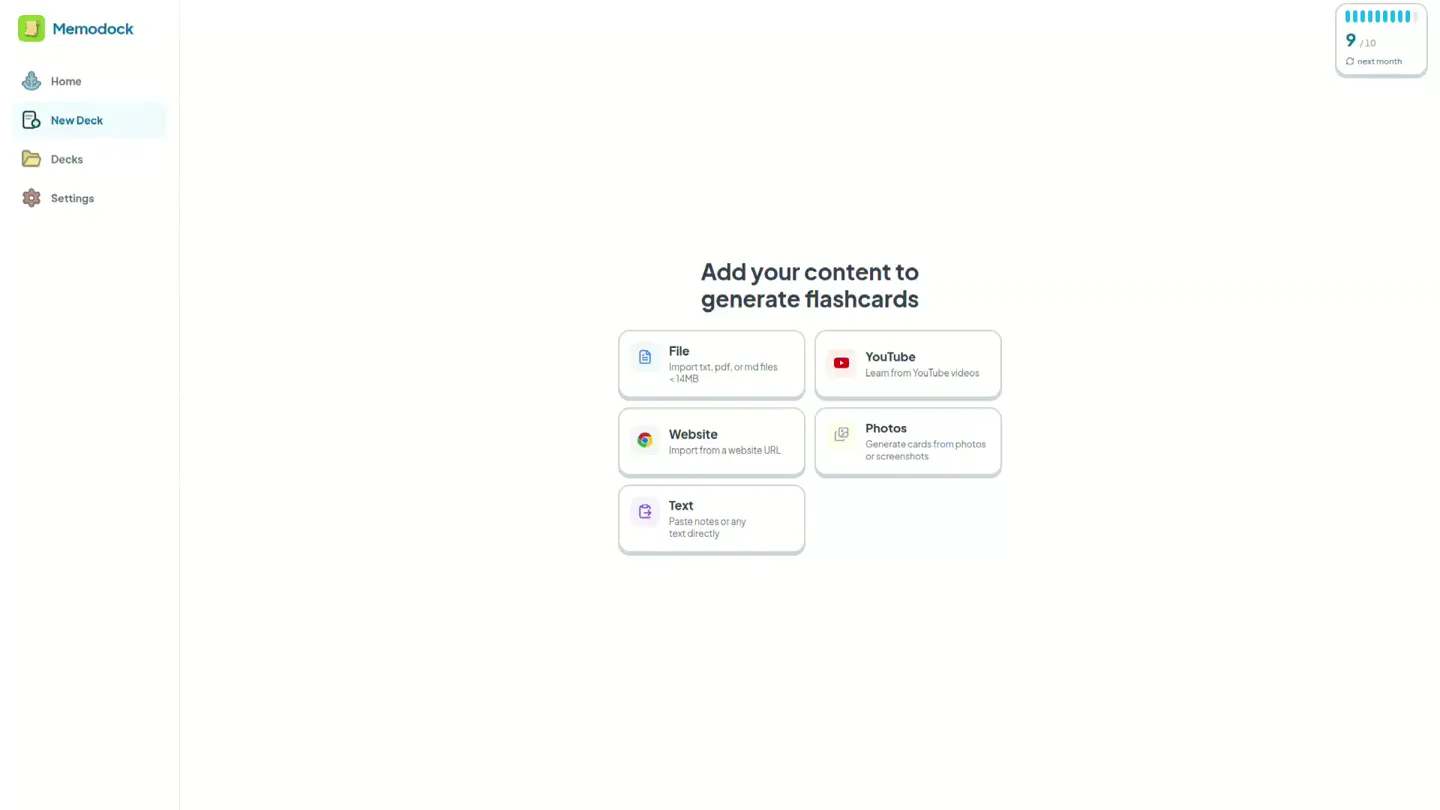 Memodock deck creation screen with file, YouTube, website, photo and text import options