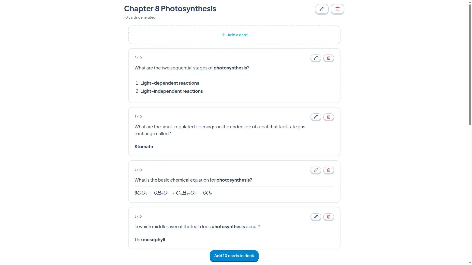 Reviewing AI-generated flashcards about photosynthesis before adding them to the deck